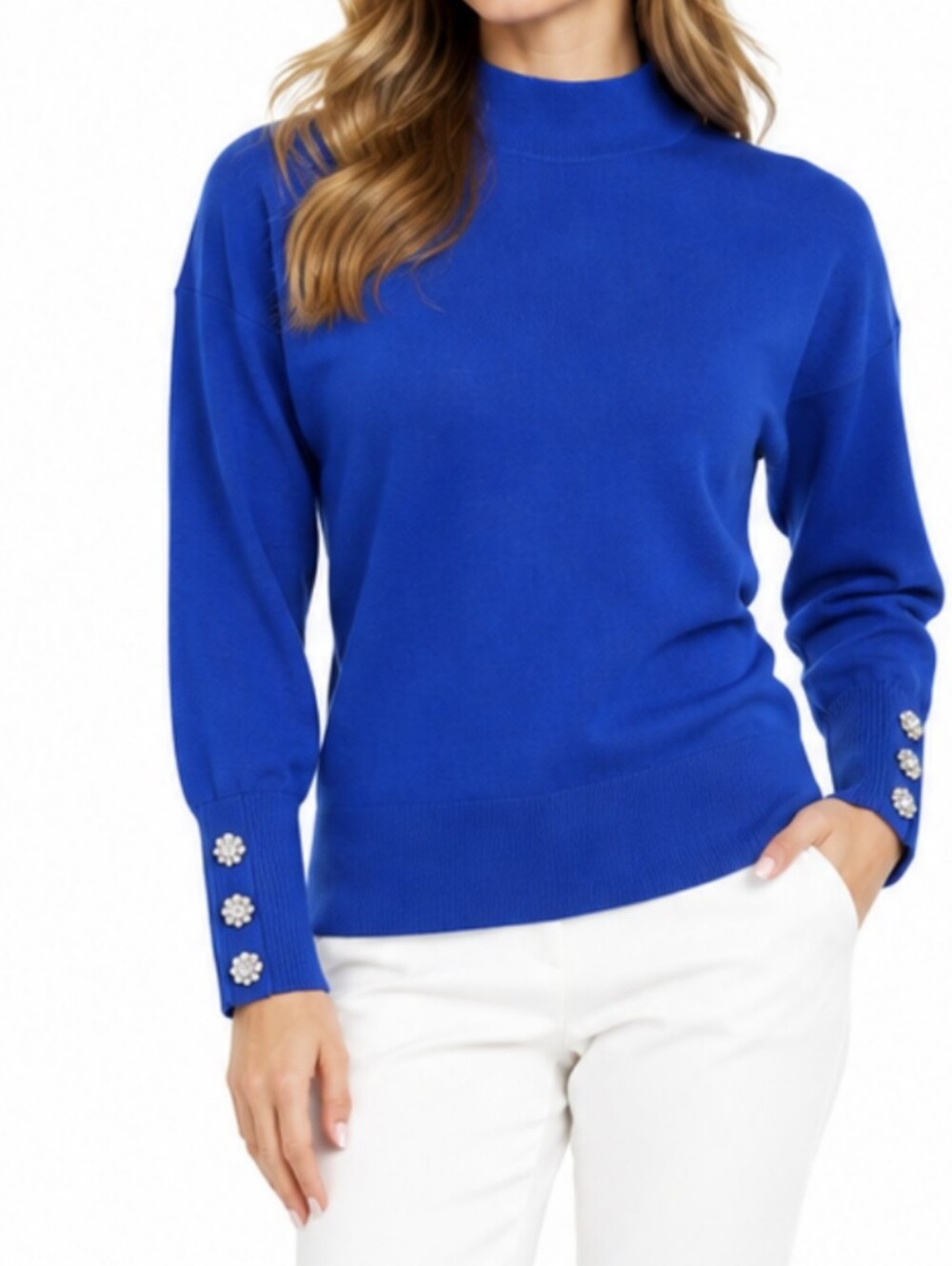 Tahari Royal Blue Mock Neck Old Money Medium Rhinestone Fitted Cuffs Fall/Winter